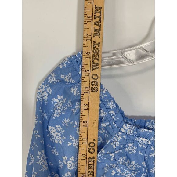 Speed Limit Womens Blouse Cropped Square Neck Drawstring Floral Blue Medium - Picture 6 of 9